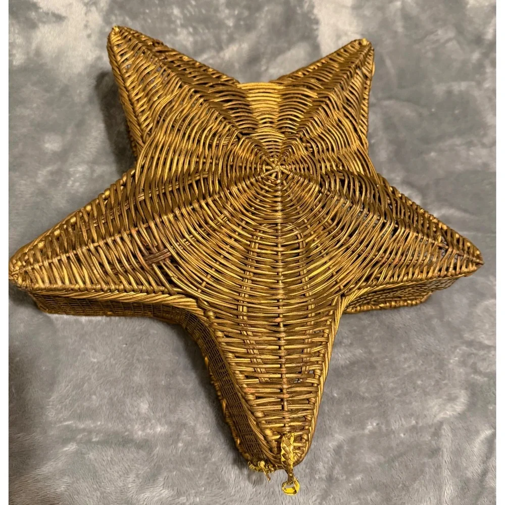 Vintage Gold Wicker Star Basket Hinged Lid Celestial Decor Gift Box Boho Star